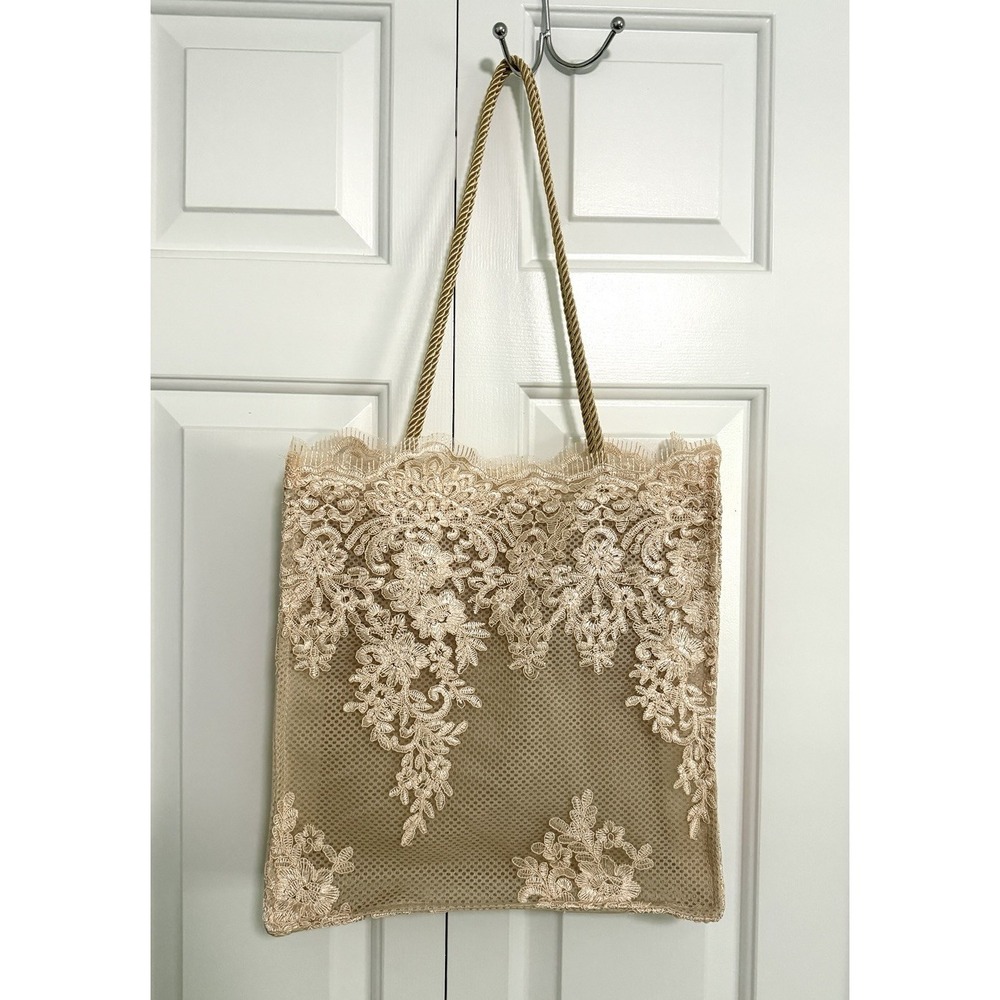 VTG Elegant Boho Beige Lace Tote Bag with Gold Tone Rope Straps Coquette